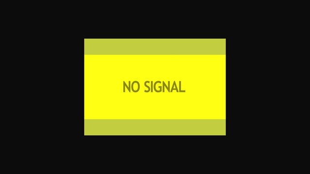 No signal text displayed on a bright yellow digital screen with dark border representing a television broadcast interruption or connection error in simple flat graphic design style