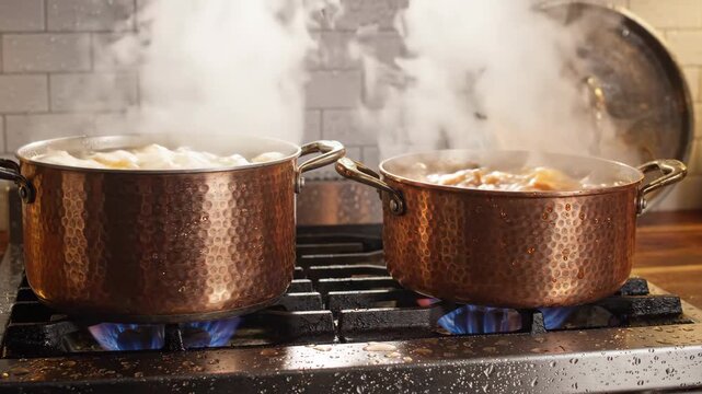 Two hammered copper pots boiling on a gas stove with steam rising in a kitchen.