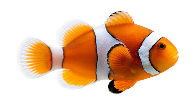 Bright orange clownfish with white vertical stripes and black fin edges