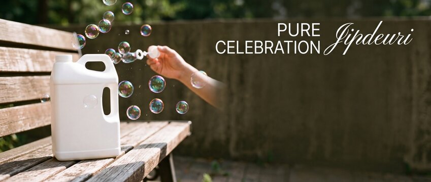 Detergent bottle blowing soap bubbles outdoors on wooden bench for housewarming celebration jipdeuri party tradition, cleaning supply product packaging, fresh summer sunshine, bright background concep