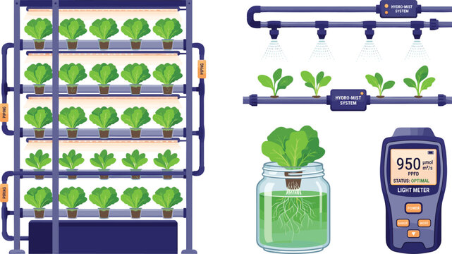 Vertical farming system colorful vector illustration featuring hydroponic rack, irrigation pipes and light meter