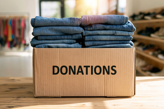 A cardboard box full of donated denim jeans rests on a wooden table.