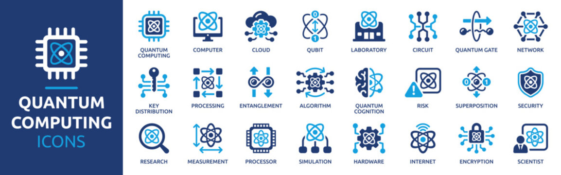 Quantum Computing Icons. Qubit and quantum computer solid vector icons collection.
