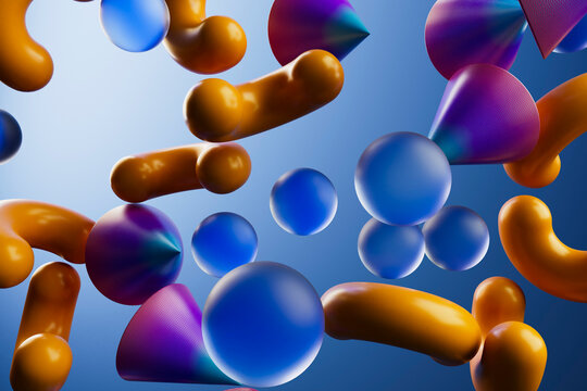 Colorful Abstract Floating Shapes on Blue Background