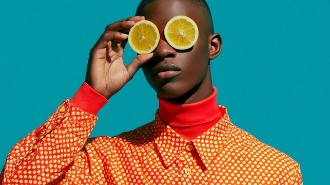 A striking portrait shows a young man playfully holding citrus slices over his eyes, creating a vibrant and unusual visual concept representing freshness and optimism