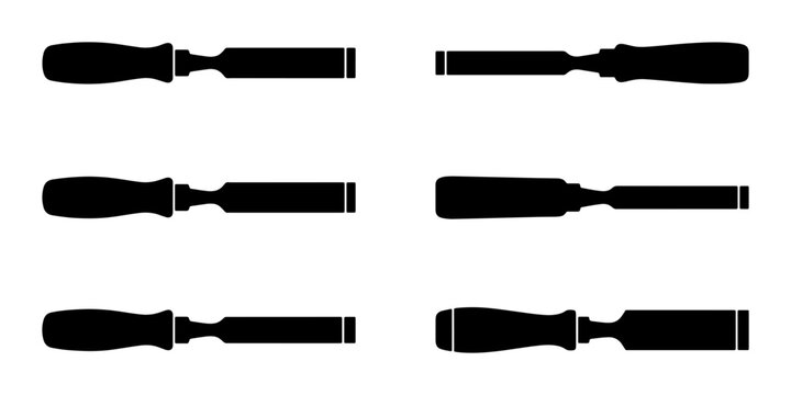 Black silhouette chisels on white background, tool set for