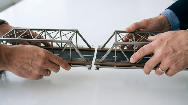 Two professionals connecting bridge model pieces in teamwork concept