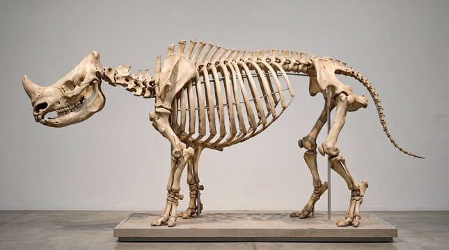 Javan Rhinoceros skeleton mounted on an exhibit base is displayed in a museum gallery setting.