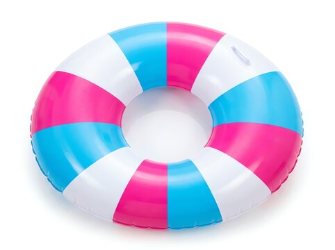Brightly colored inflatable swim ring with pink blue and white stripes for summer fun.