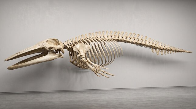 Whale skeleton displays complete bone structure against a neutral background.
