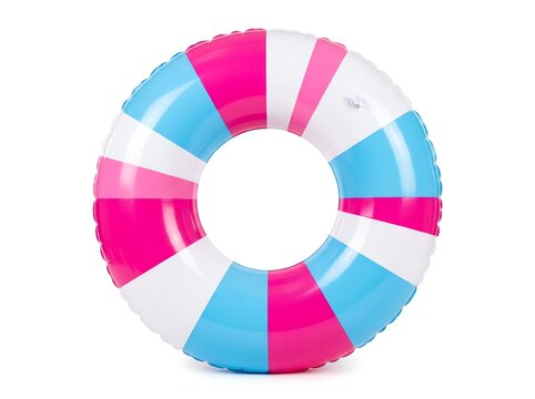 Colorful inflatable swimming ring with pink blue and white stripes.