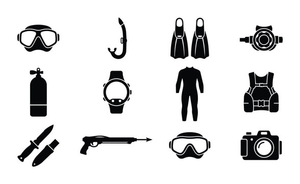 Scuba Diving Gear Icons Set, Underwater Equipment Collection, Snorkeling and Freediving Accessories, Vector Symbols for Water Sports and Ocean Exploration