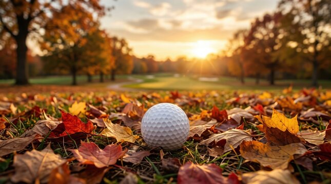 White golf ball resting among fallen autumn leaves on a golf course at sunset, representing golf, outdoor recreation, fall sports, leisure and seasonal landscape