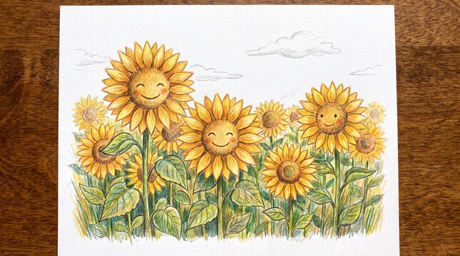 Hand-drawn colored pencil illustration of a cheerful sunflower field, layered pencil strokes, warm golden colors, detailed green leaves, traditional handmade drawing, white background