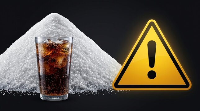 Glass of cola beside a pile of sugar and a warning sign, representing sugary drinks, excessive sugar intake, diabetes risk, obesity, unhealthy nutrition and health awareness