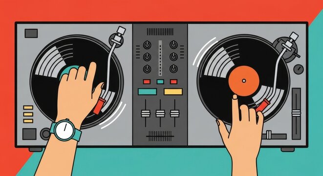 Hands on DJ turntables with colorful mixer controls.