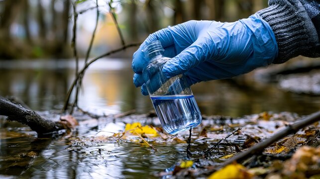 Gloved hand carefully collects a water sample from a natural stream, analyzing clarity, showcasing environmental monitoring, concept for science research
