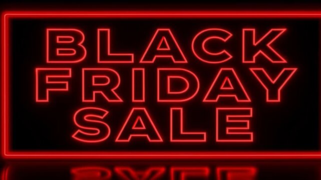 Black Friday neon sign with glowing red sale text and reflection, perfect for shopping promotions, special offers, and discount advertising.