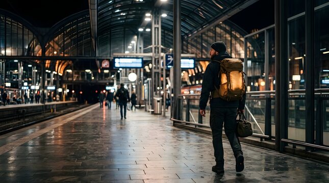Man with backpack walking on a modern train platform during the night