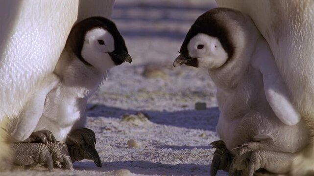 Adorable emperor penguin chick huddles close to parent for warmth and safety