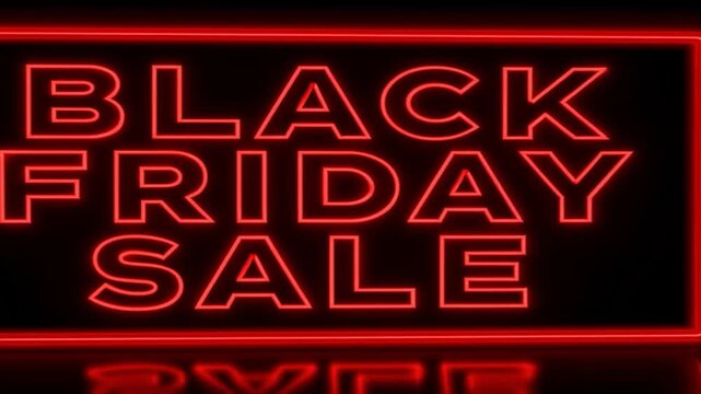 Black Friday neon sign with glowing red sale text and reflection, perfect for shopping promotions, special offers, and discount advertising.