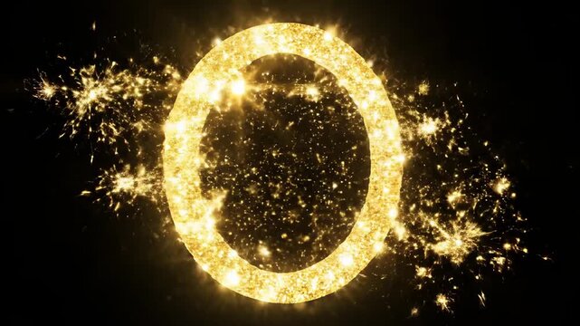 Golden zero disintegrates into sparkling particles against a black background across four frames disintegration sparkle glitter particle animation