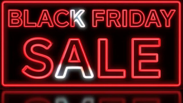 Black Friday neon sign with glowing red sale text and reflection, perfect for shopping promotions, special offers, and discount advertising.