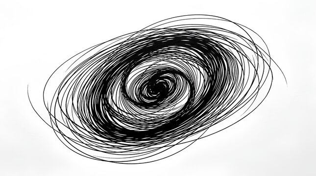 Abstract black ink spiral scribble on white background.