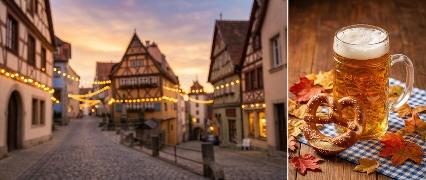 Traditional European town street at dusk paired with a frosty beer mug and salty pretzel on autumn leaves