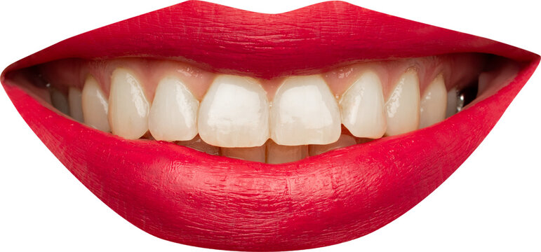 Pink red lipstick smile exposes upper teeth on transparent background. Concept of cosmetics, dental care, beauty products and fashion ads.