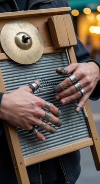 Hands playing a washboard musical instrument with cymbal.