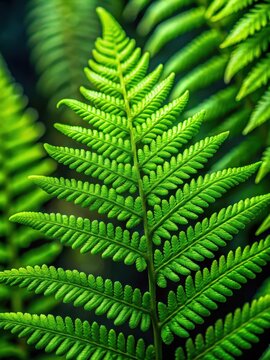 Intimate details of a vibrant green fern in macro photography capture its delicate texture and intricate patterns