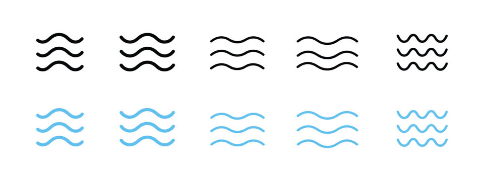 Water Waves Symbol featuring simple wavy lines, water flow graphics, sea ripple imagery, clean water concepts, minimalist signs, and modern pictogram design vector