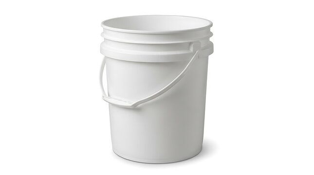 A clean empty white plastic bucket with a handle for industrial or home storage use. 5 gallon pail