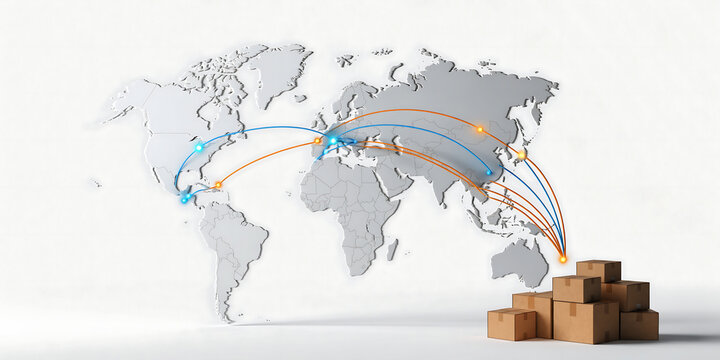 Global logistics map with shipping routes and cardboard boxes on a white background