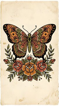 A vintage-style illustration featuring a symmetrical ornate butterfly with intricate floral patterns on its wings, hovering above a bouquet of traditional roses and leaves.