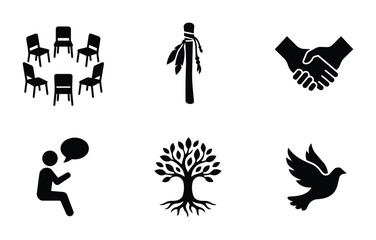 Fototapeta premium Community Gathering Icons, Support Group Symbols, Tree of Life, Dove of Peace, Handshake, Communication Vector Set