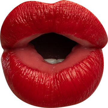 Red lipstick lips form dramatic rounded mouth on transparent background. Concept of expressive cosmetics, lipstick ads and bold beauty design.