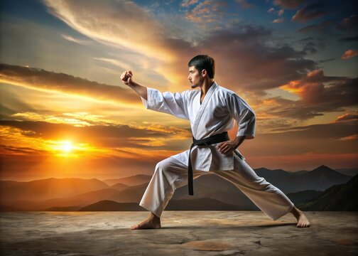 A sunrise serenade of discipline and dedication a taekwondo black belt strikes a powerful pose at dawn