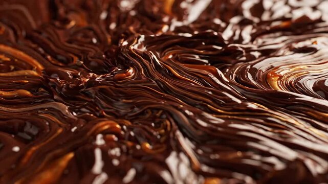 Rich, glossy melted chocolate and caramel swirl in an appetizing, luxurious texture.