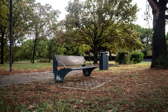 Panchina vuota in un parco pubblico circondata da alberi e foglie secche sul prato, concetto di solitudine, relax e quiete urbana in una giornata autunnale o di fine estate