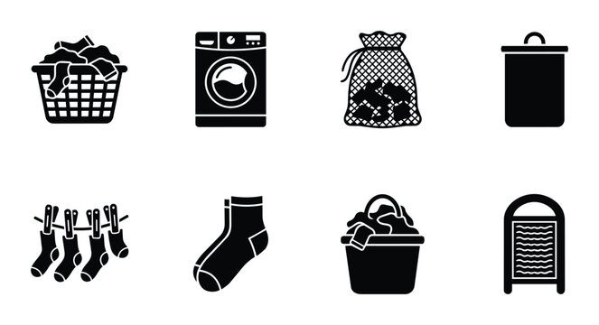 Laundry Icons Set, Household Chores Vector Graphics, Washing Machine, Clothes Basket, Socks, Clothesline, Trash Can, Laundry Bag, Washboard, Black and White Home Cleaning Symbols