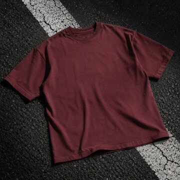 Blank maroon t-shirt mockup, outside pavement background. Short sleeve basic t-shirt laying on asphalt ground. Unisex adult tee, gender neutral casual tshirt mockup