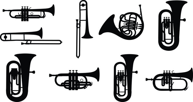 Black Silhouette Icons of Brass Musical Instruments Including Trumpet Trombone Horn and Tuba