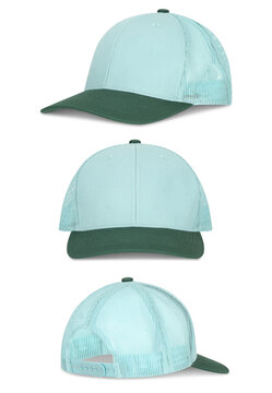 Light blue and green mesh trucker cap isolated on white isolated on transparent background