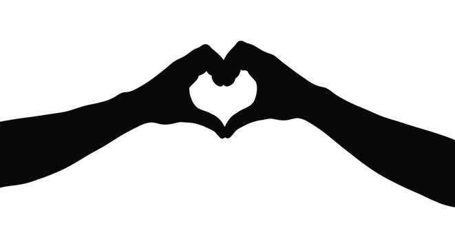 Hands forming a heart shape a black silhouette against a white background