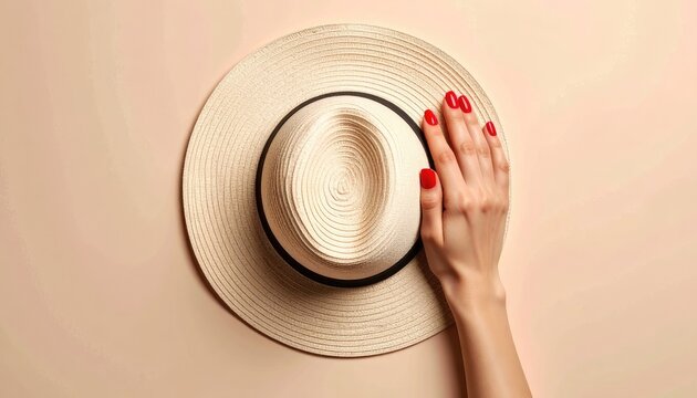 A woman's hand with red nail polish rests on a straw hat.