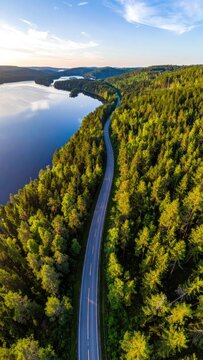 Aerial view of a winding road through a dense green forest next to a calm lake.