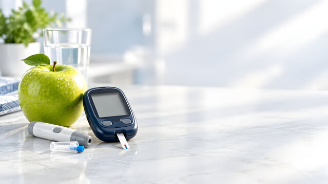 Blood glucose monitor with green apple and water glass on a white table
