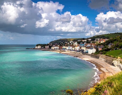 A picturesque coastal town nestled along a vibrant turquoise bay.
